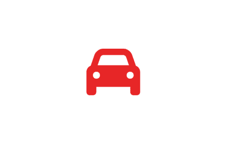 A red car icon on top of a white background.